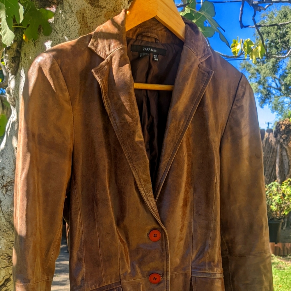 Brown Leather Blazer by Zara Basics , Size S
